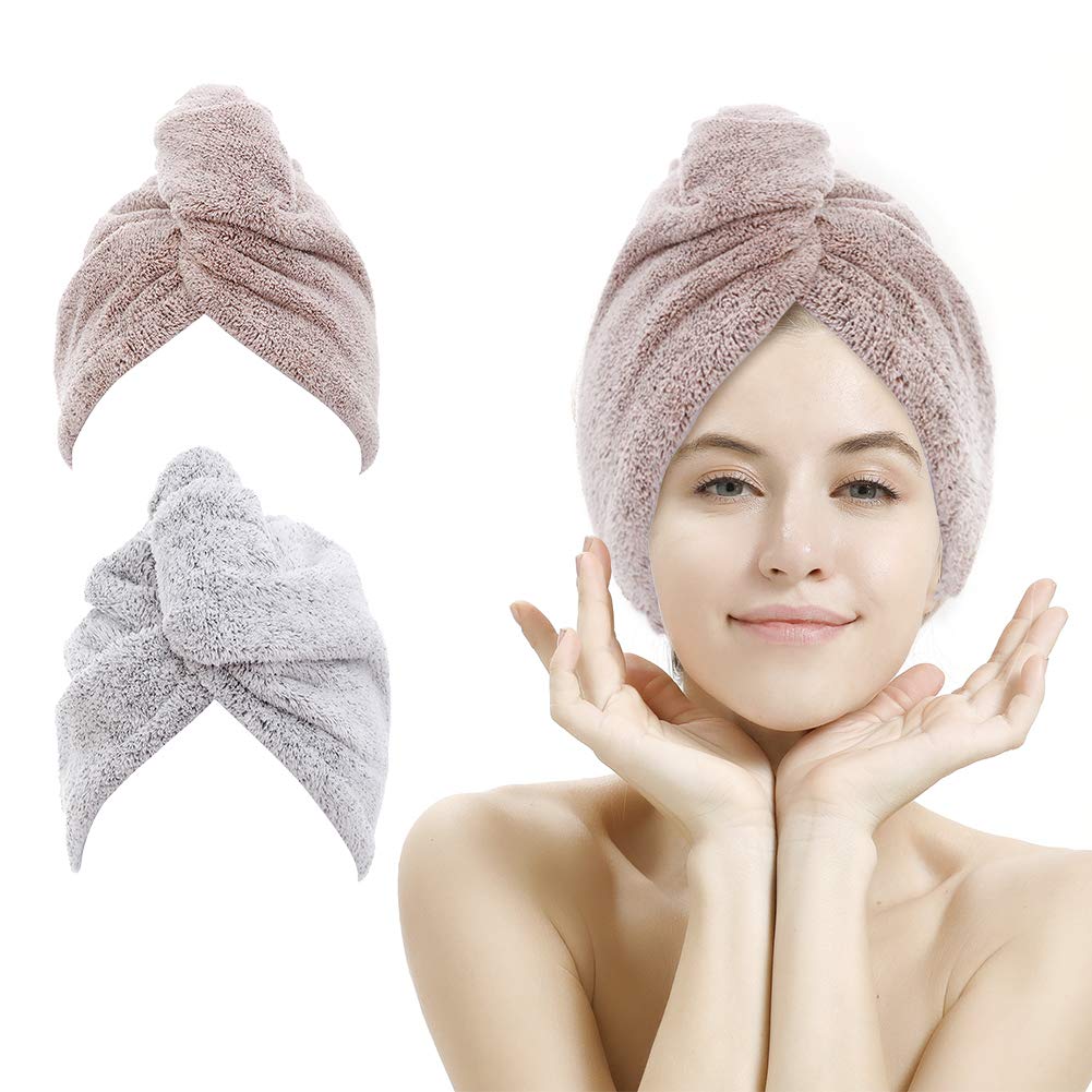 M-bestl front view of two star gray and star pink towel wraps showing colors and packaging benefits