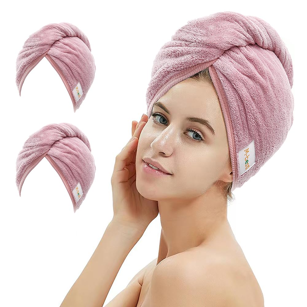 M-bestl front view of towel wrap showing compact turban and color, quick-dry benefit