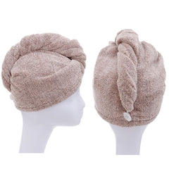 M-bestl model wearing towel wrap in bathroom showing hands-free drying convenience