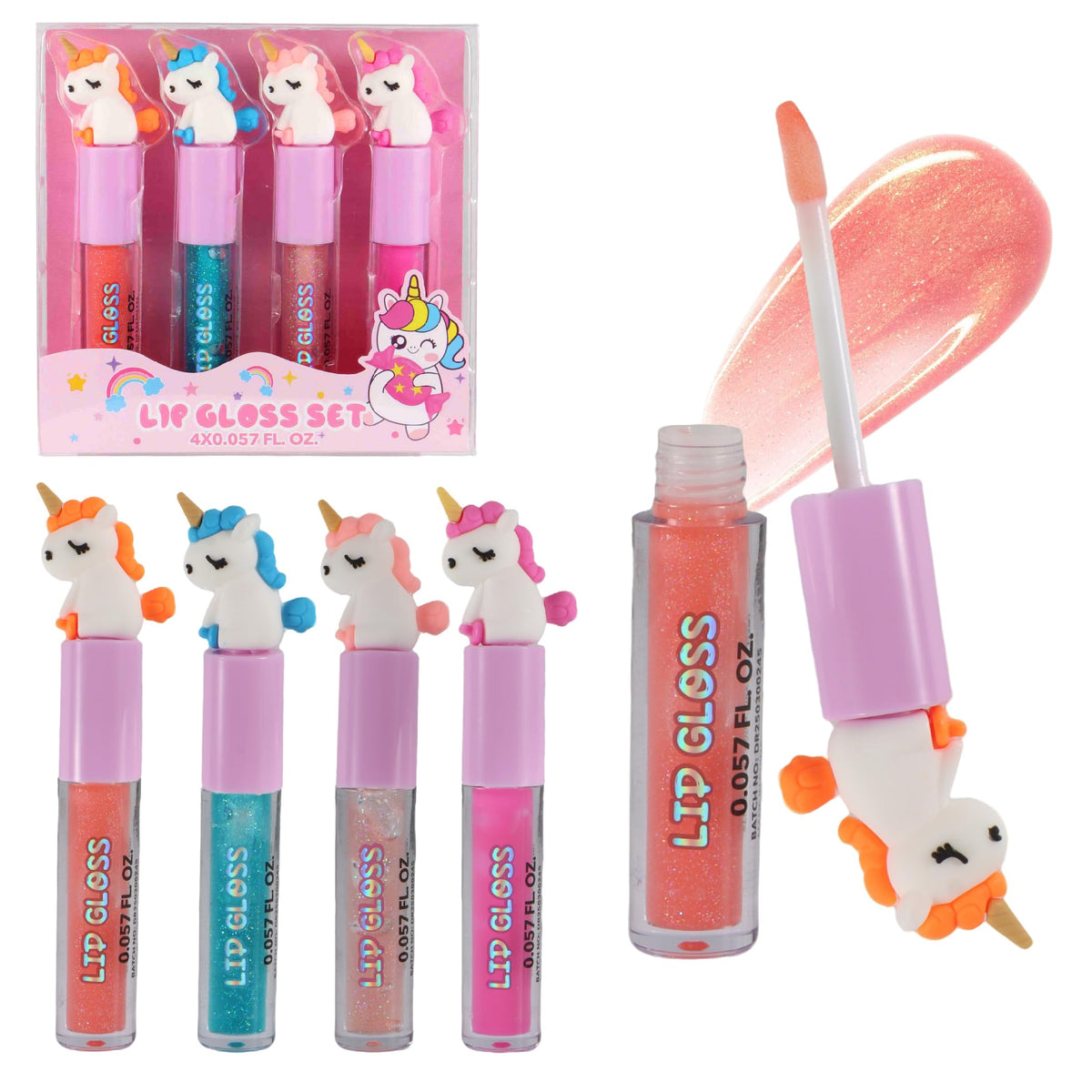 M&U MAKE YOU UP front packaging showing four unicorn glosses and pouch benefit: ready gift
