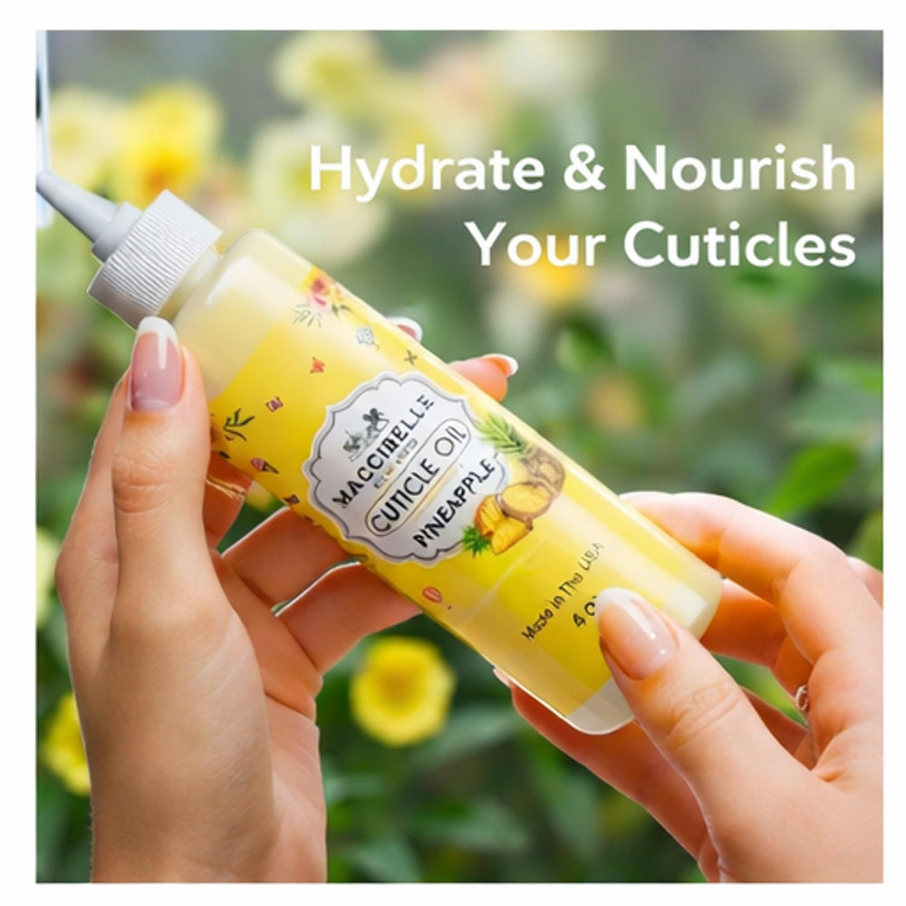 Maccibelle cuticle oil in use massaged into nails to soften and hydrate
