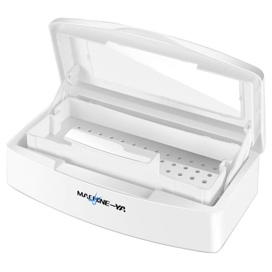 Machine-Ya sterilizer front view showing compact white box and lid benefit: neat storage