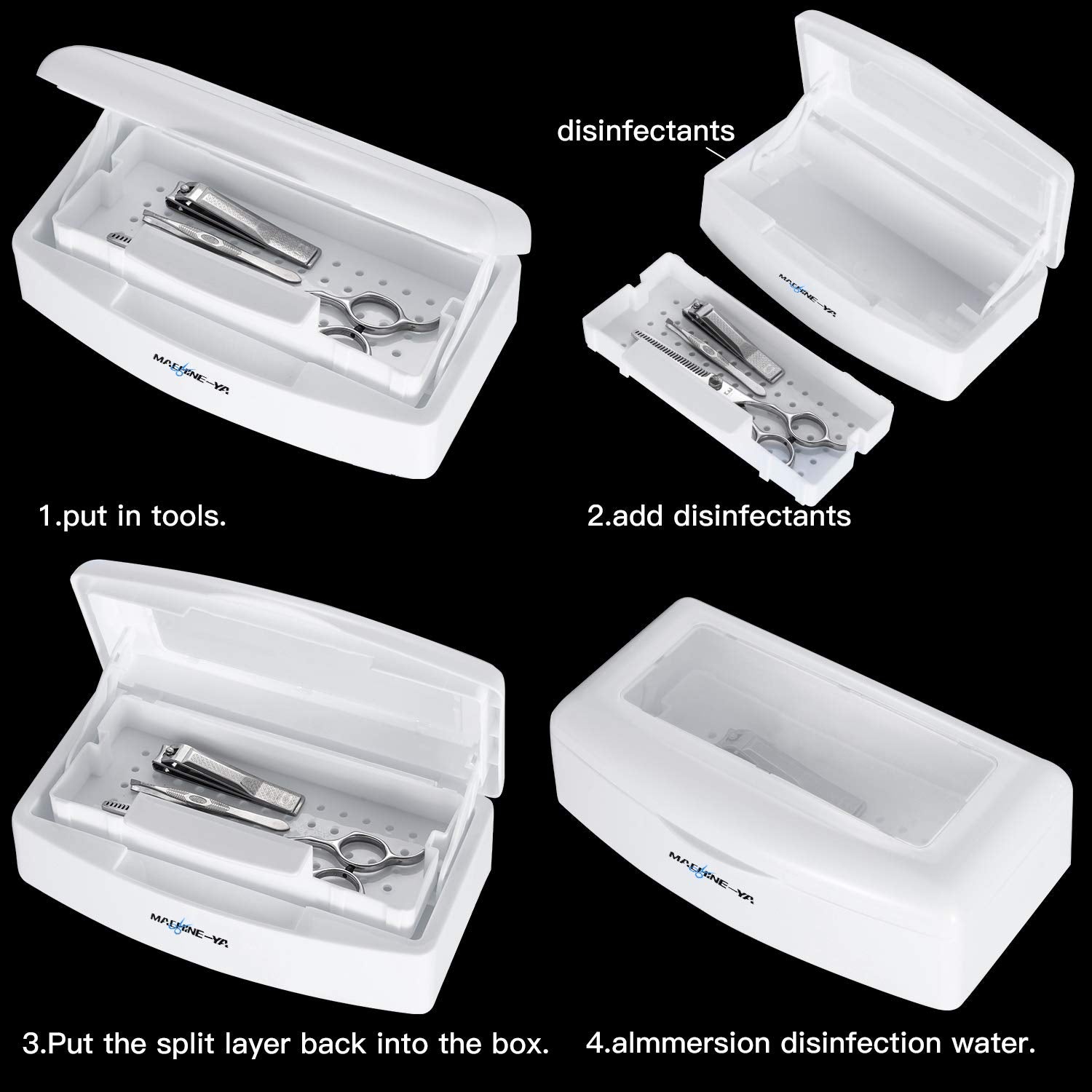 Machine-Ya tray with nail tools submerged showing secure soak benefit: controlled disinfection