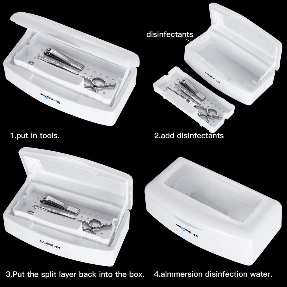 Machine-Ya tray with nail tools submerged showing secure soak benefit: controlled disinfection