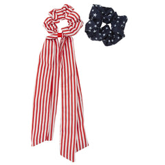 Madison Tyler front view of patriotic scrunchie set showcasing star and stripe prints and festive look