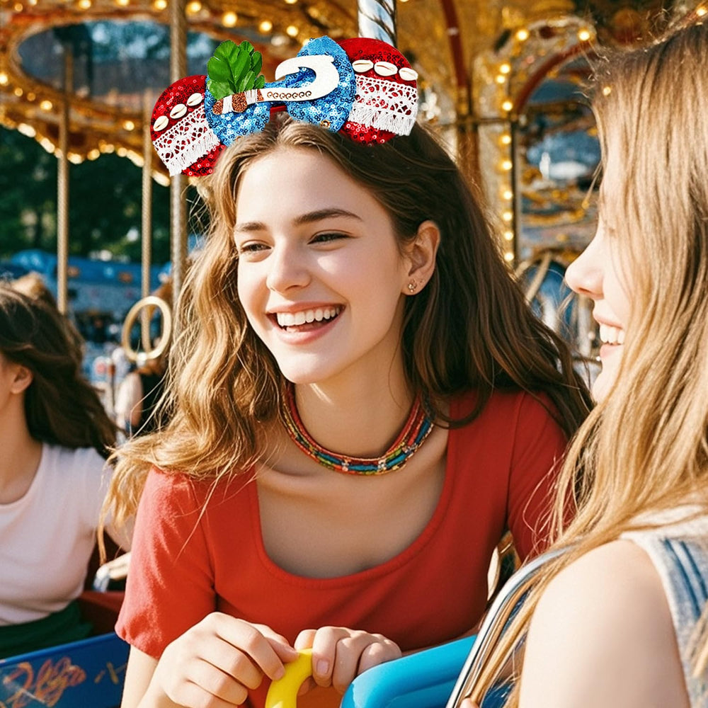 MADO headband worn in park setting showing playful styling and photo-ready benefit