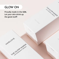 MAELOVE bottle beside SPF and makeup showing layering compatibility