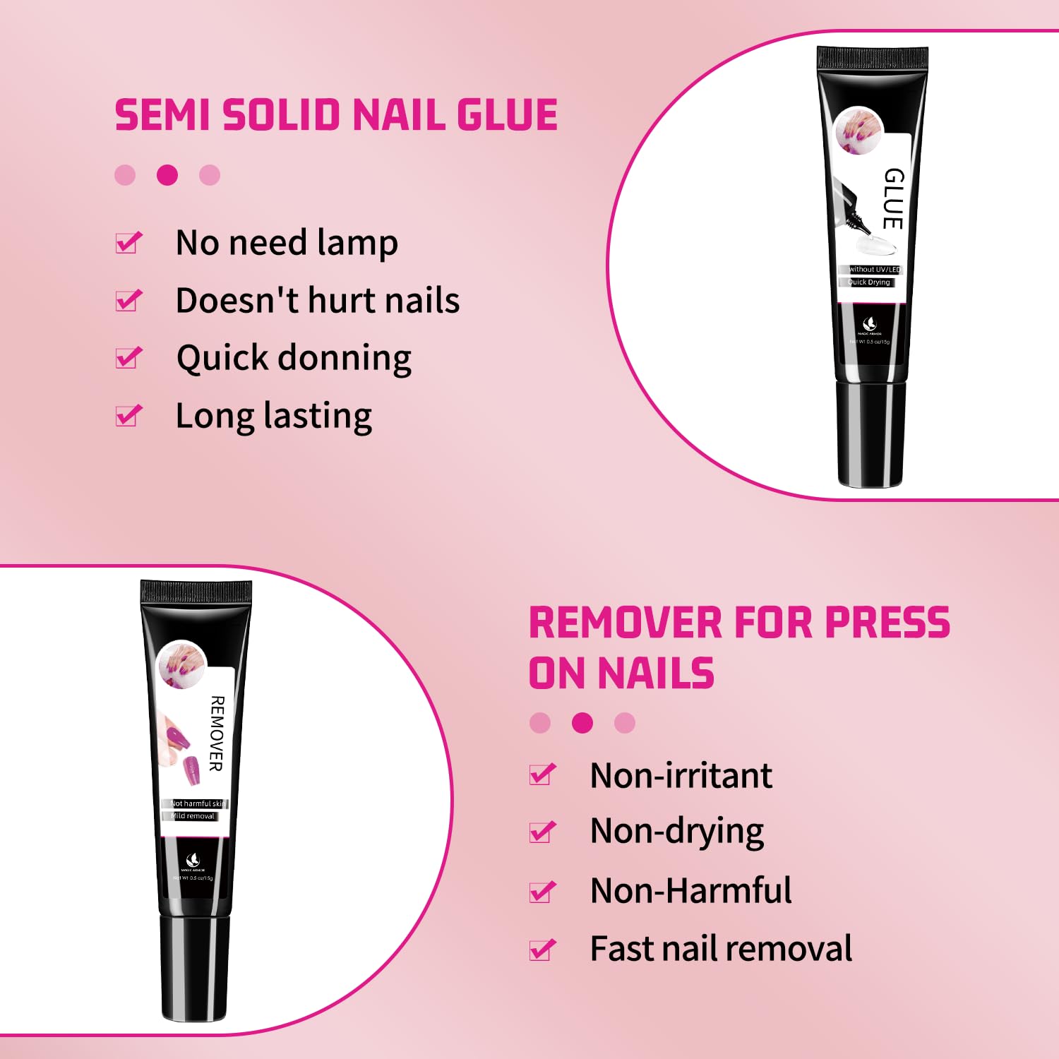 MAGIC ARMOR aluminum tube of semi-solid nail glue highlighting no-dry benefit