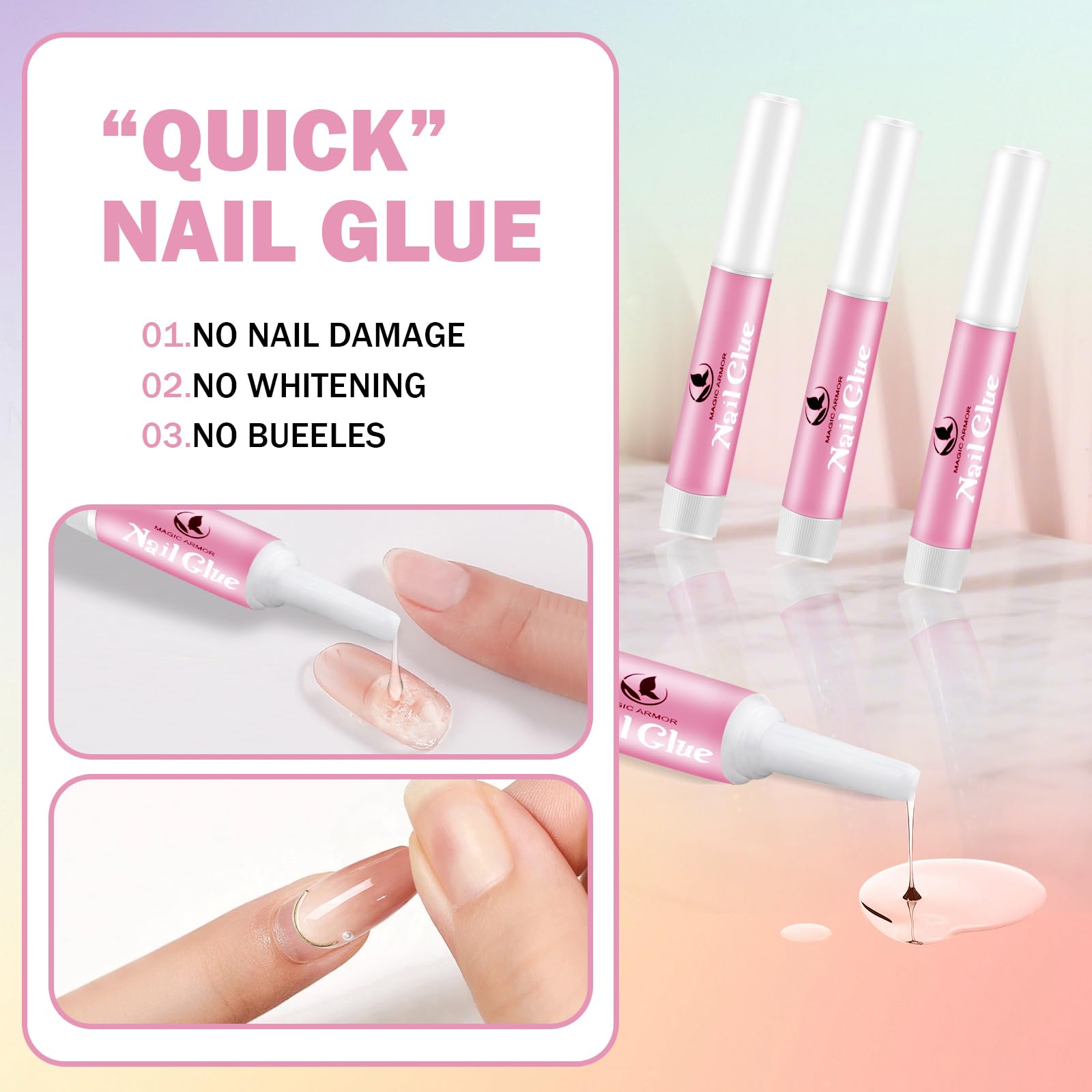MAGIC ARMOR glue being applied to a press-on nail for fast secure adhesion