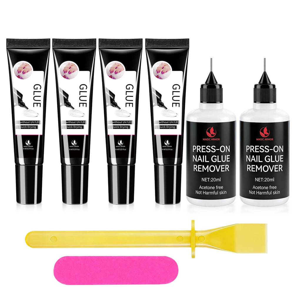 MAGIC ARMOR front packaging showing full glue kit and removers for quick nail fixes