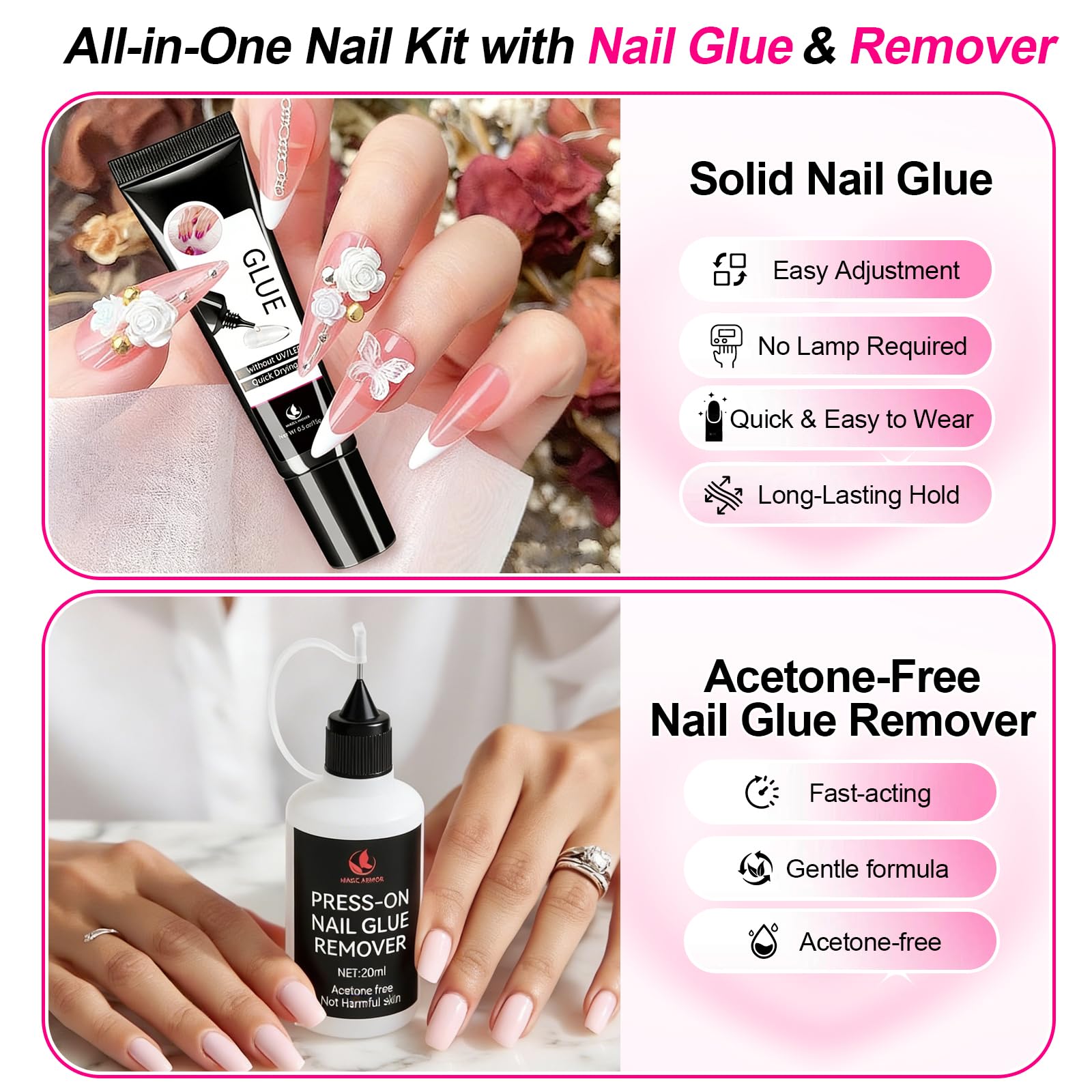 MAGIC ARMOR glue tube close-up highlighting nozzle for precise application benefit