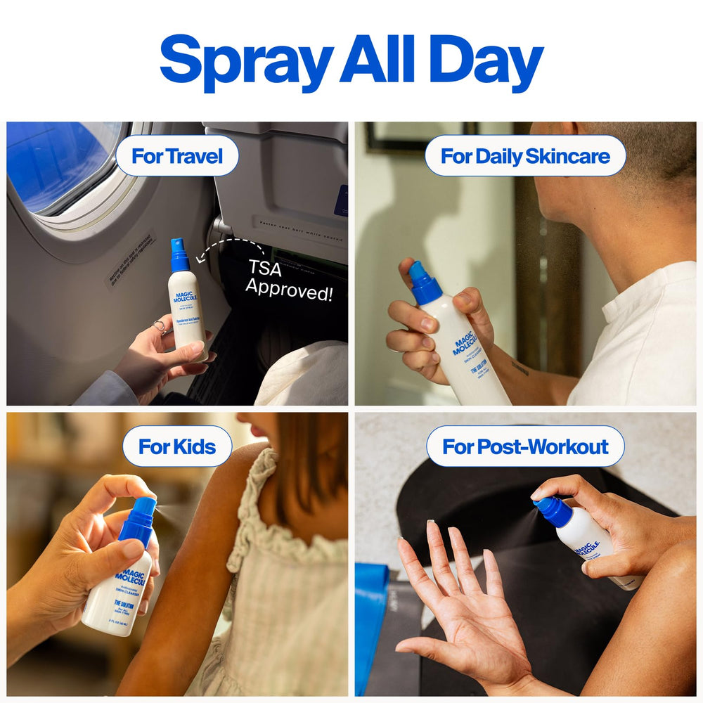 Magic Molecule spray in hand showing 8 oz size for scale and travel convenience