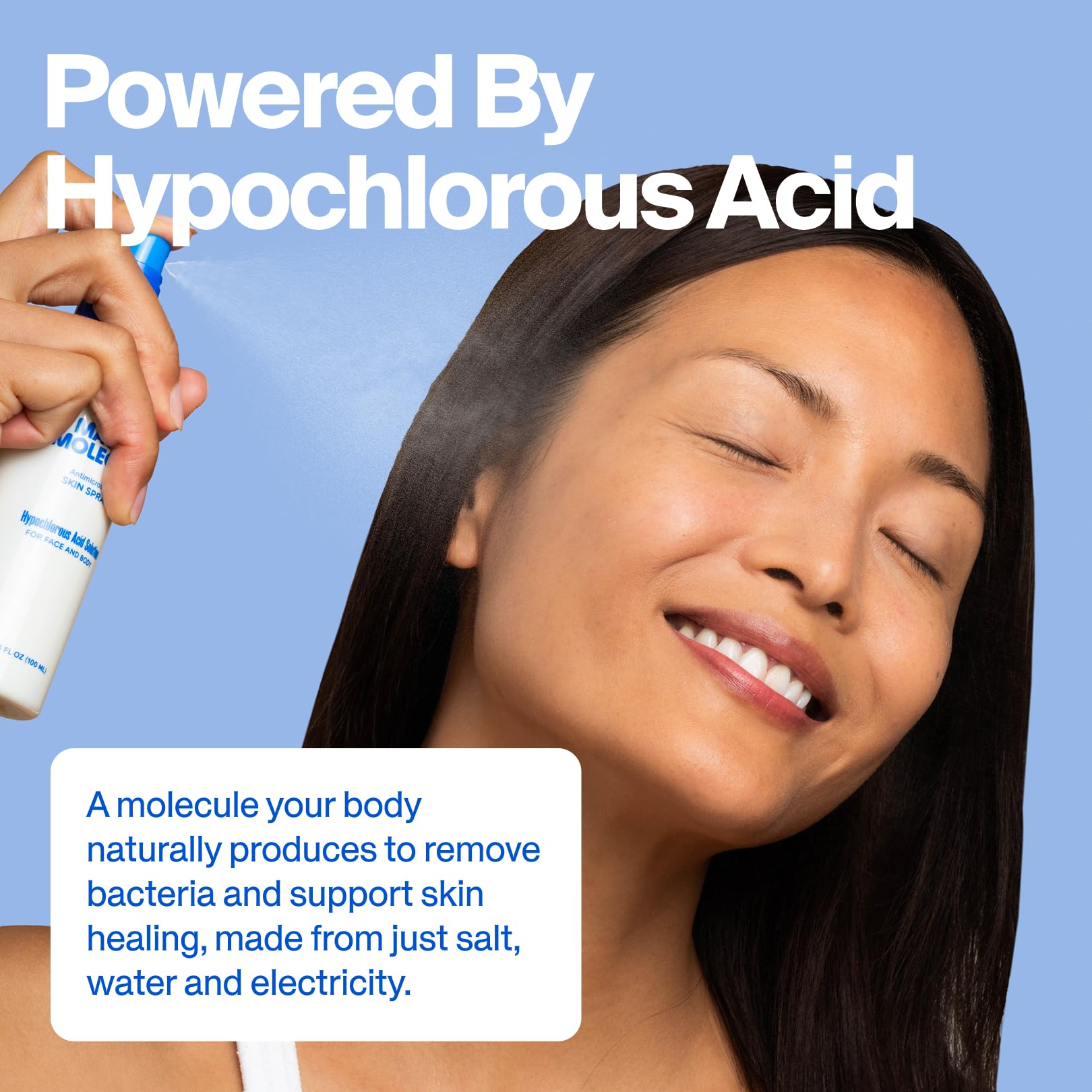 Magic Molecule misting onto face demonstrating soothing refresh and calming benefit