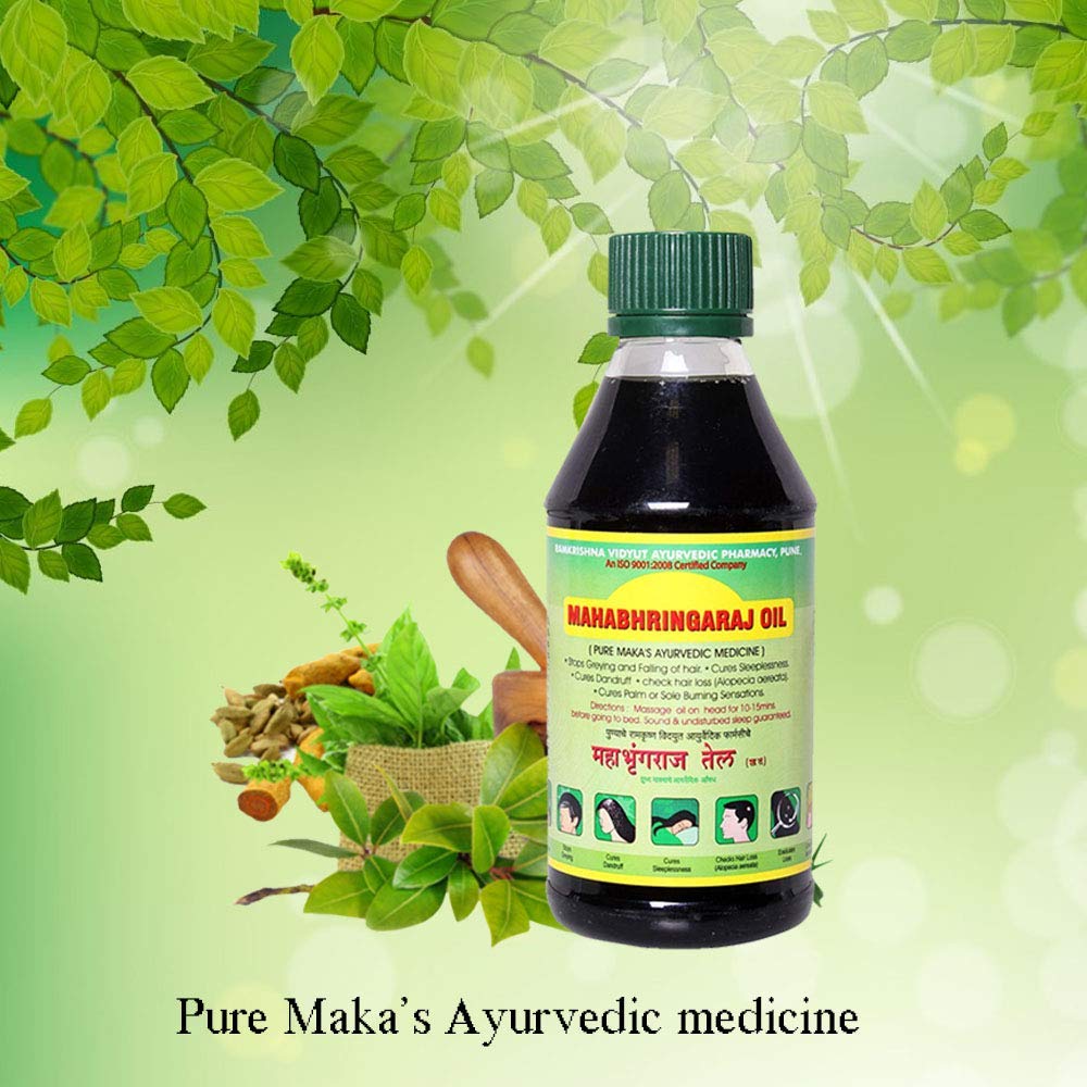 Mahabhringaraj Oil next to a 200ml scale comparison indicating quantity