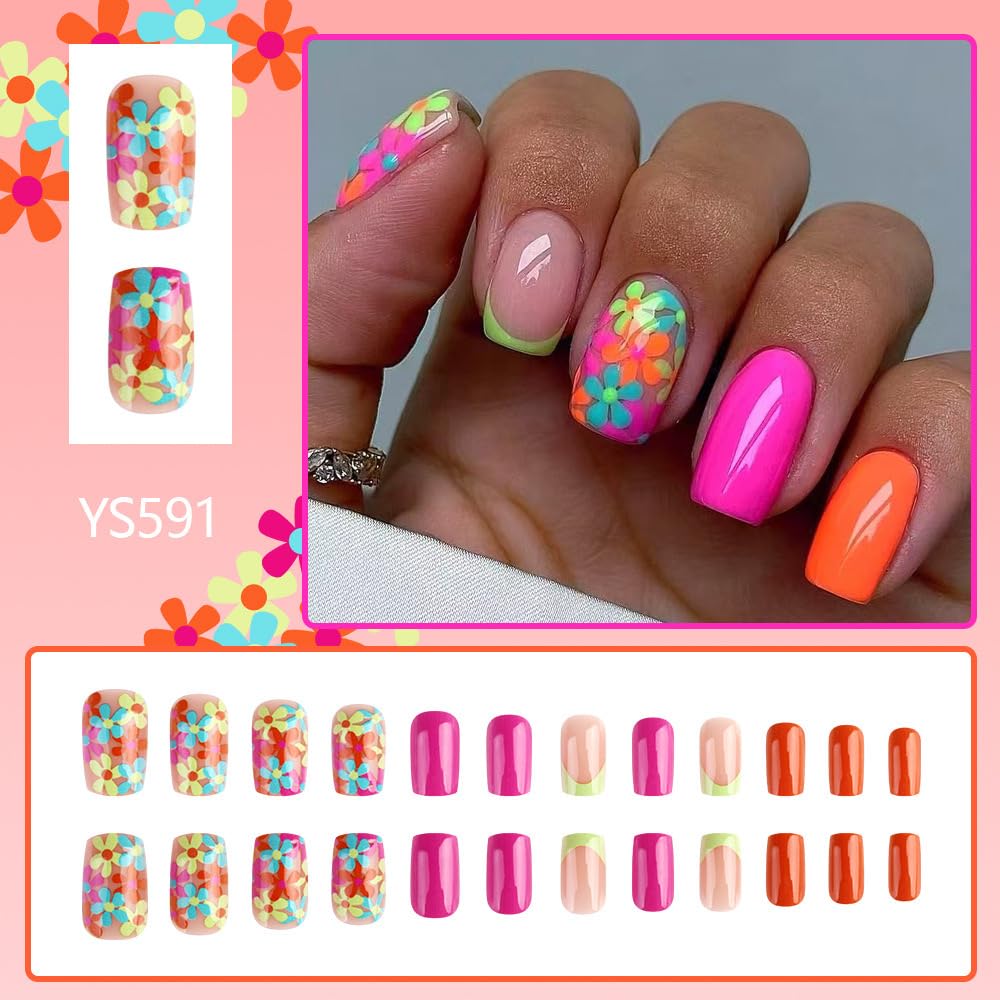 Maigitur close-up of floral French-tip detail highlighting colorful spring design