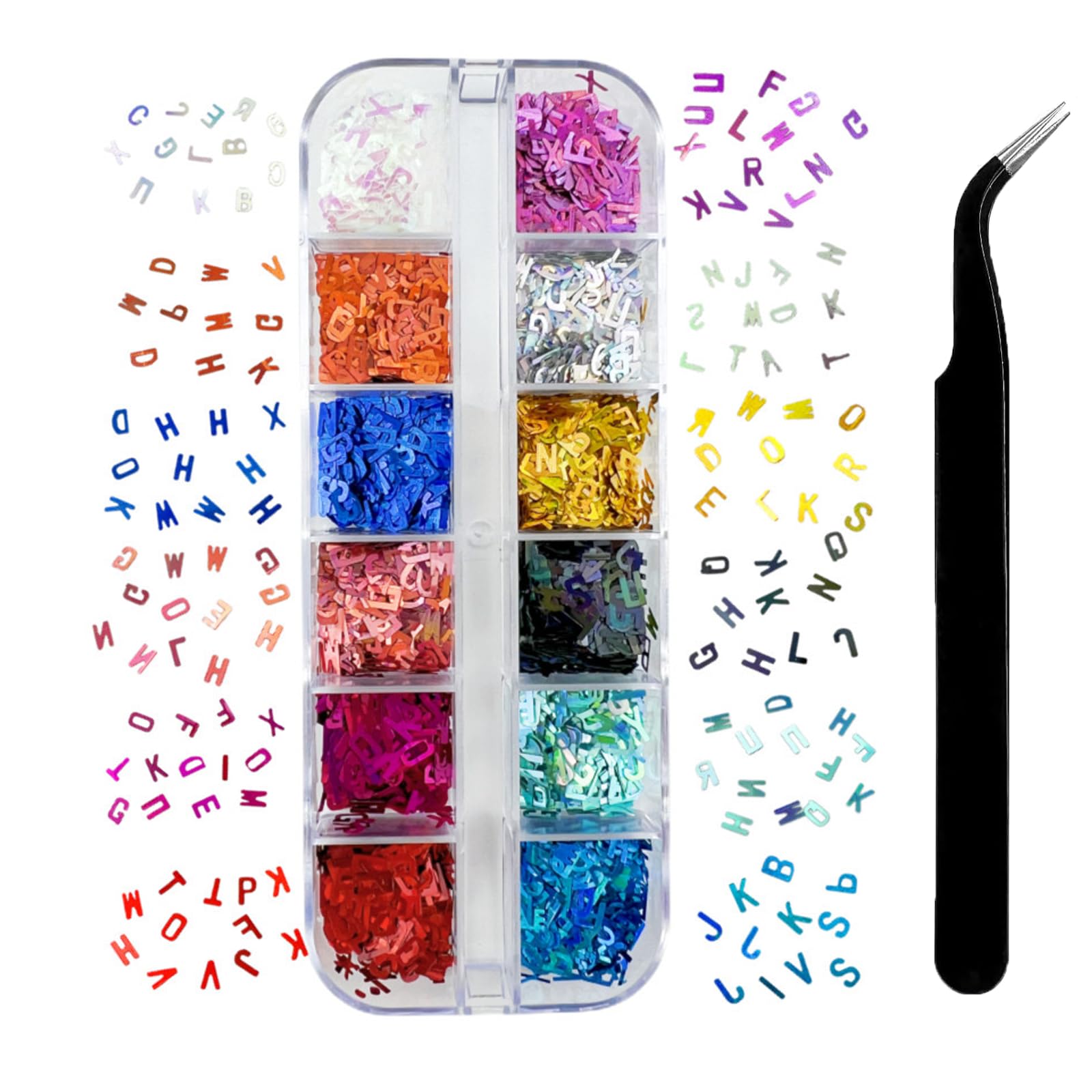 Maigitur front packaging showing 12-grid alphabet glitter for easy storage and selection