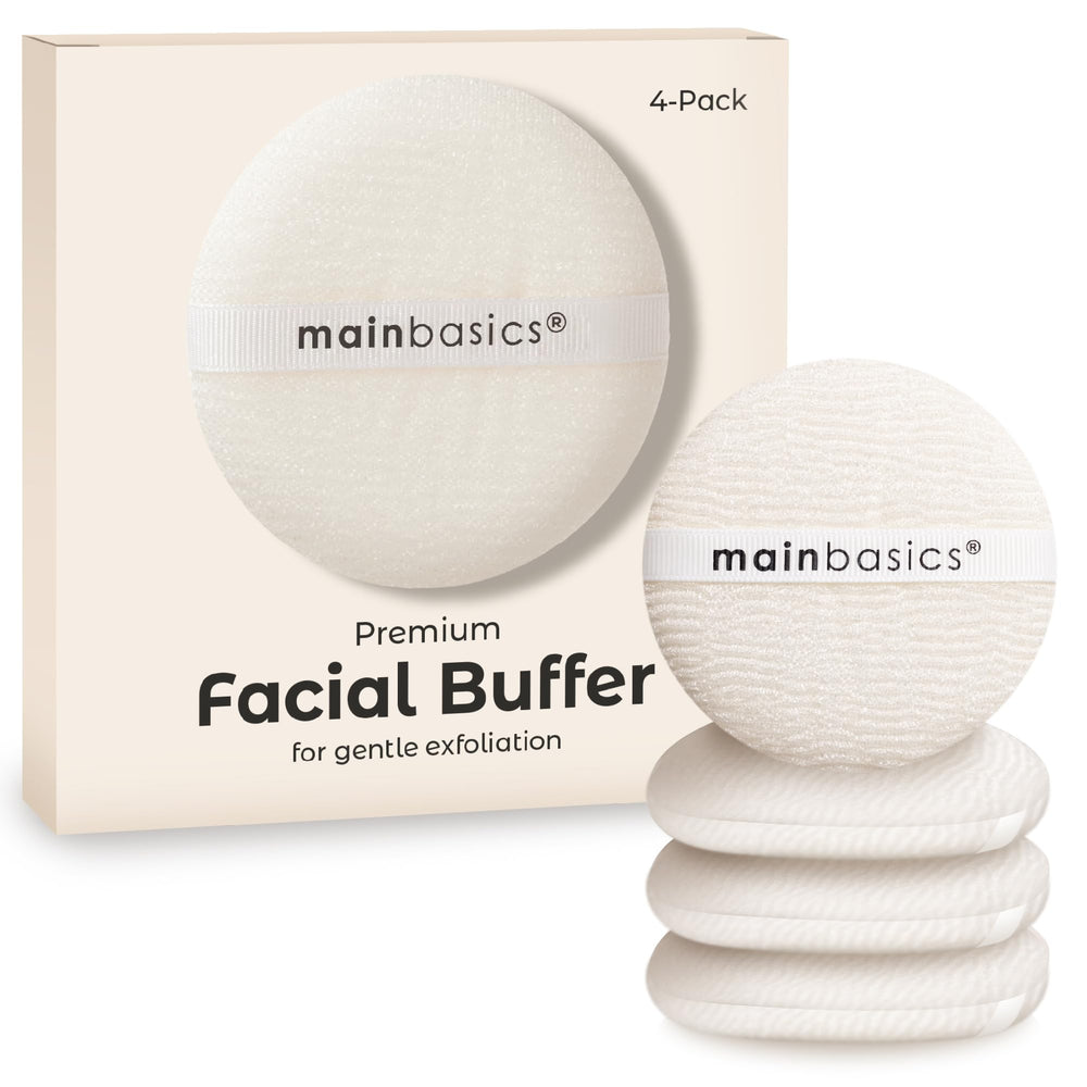 MainBasics face scrubber front view showing compact 3-inch pad and comfortable grip