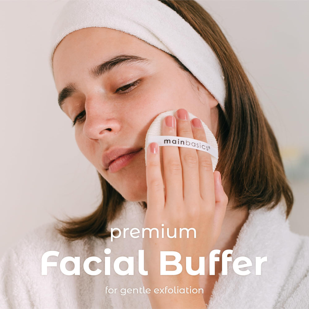 MainBasics face scrubber close-up of soft woven texture revealing gentle exfoliation