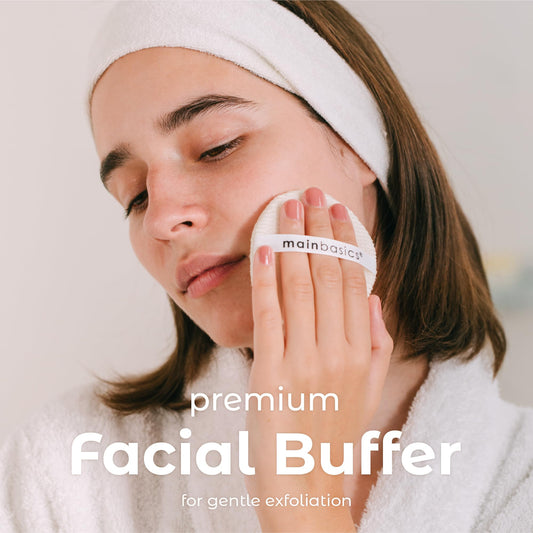 MainBasics face scrubber close-up of soft woven texture revealing gentle exfoliation