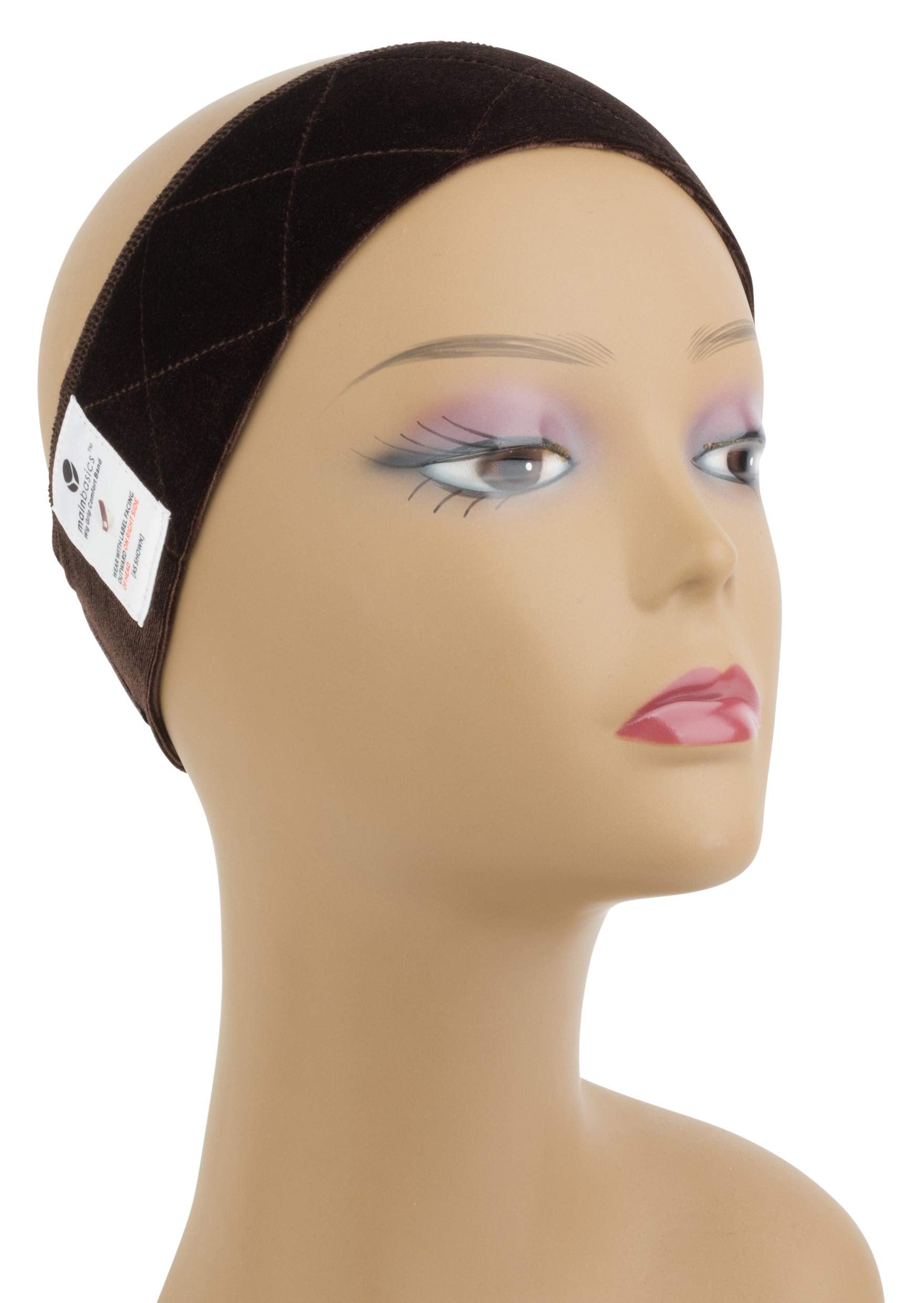 MainBasics front view of brown wig grip band showing shape and coverage benefit
