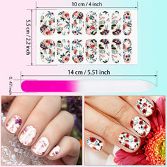 Maitys nail file next to sticker sheet showing compact size and portability benefit