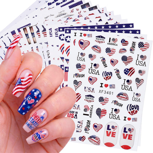 Maitys front packaging displaying 16 patriotic nail sticker sheets, easy holiday use