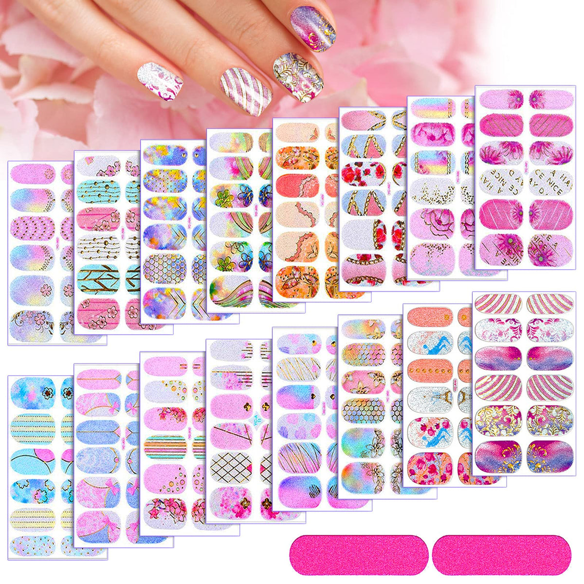 Maitys front packaging showing 16 sheets and two nail files for variety