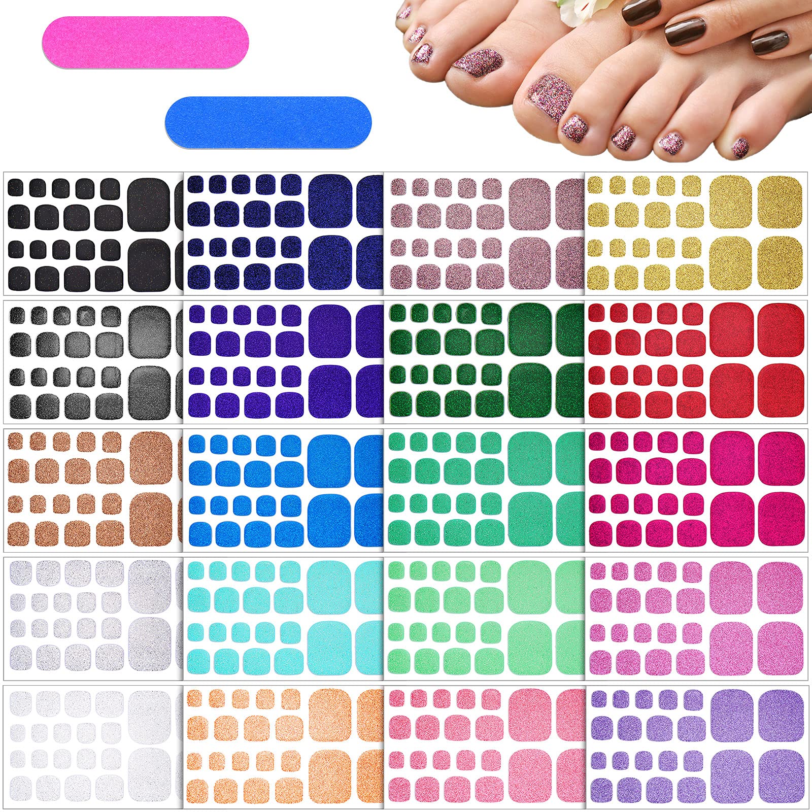 Maitys front packaging showing 20 colorful glitter toenail sheets and included files for easy selection