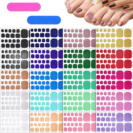 Maitys front packaging showing 20 colorful glitter toenail sheets and included files for easy selection