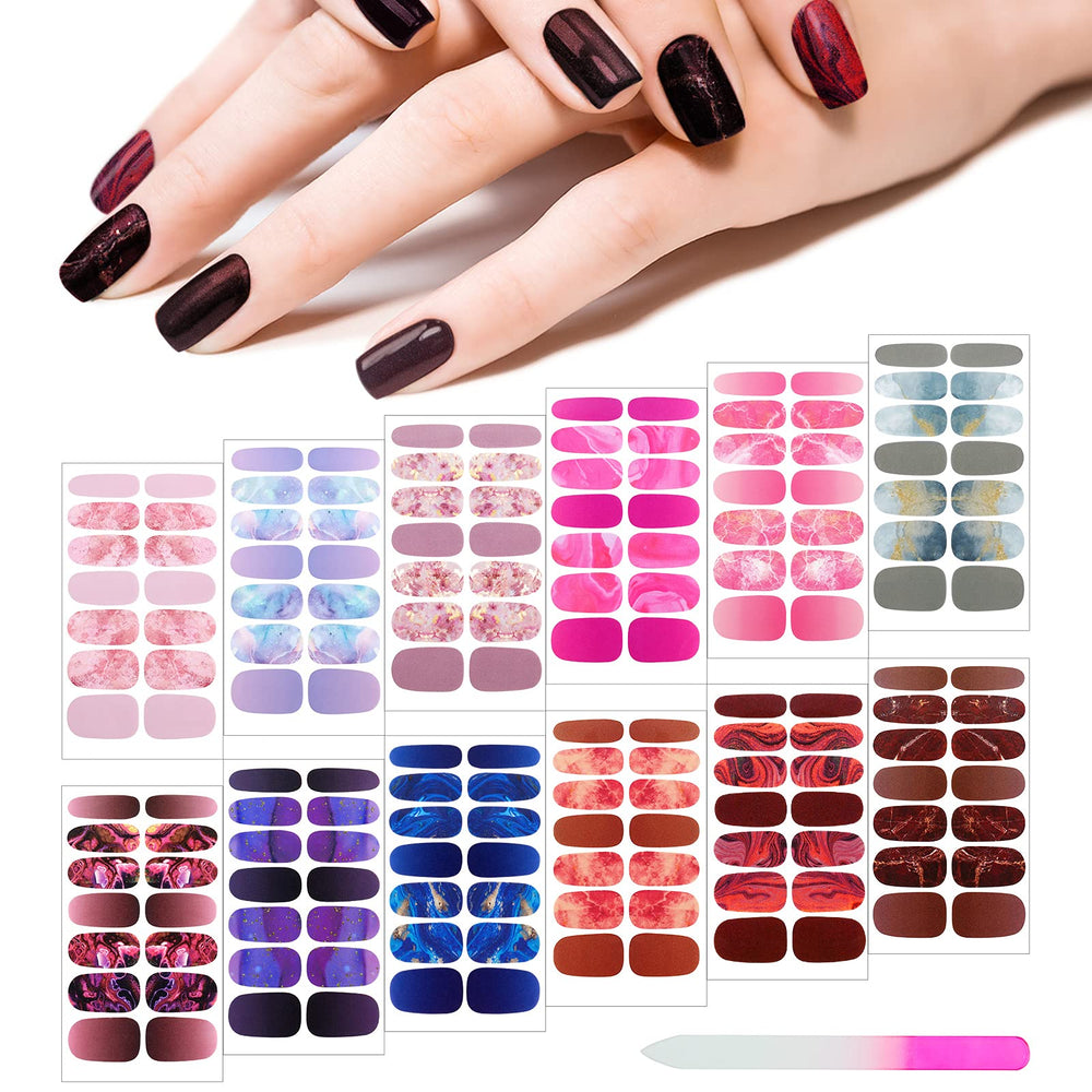 Maitys front packaging showing full 12-sheet nail wrap set and file, clear styling benefit
