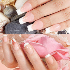 Maitys finished manicure on hand model displaying elegant French-style nails