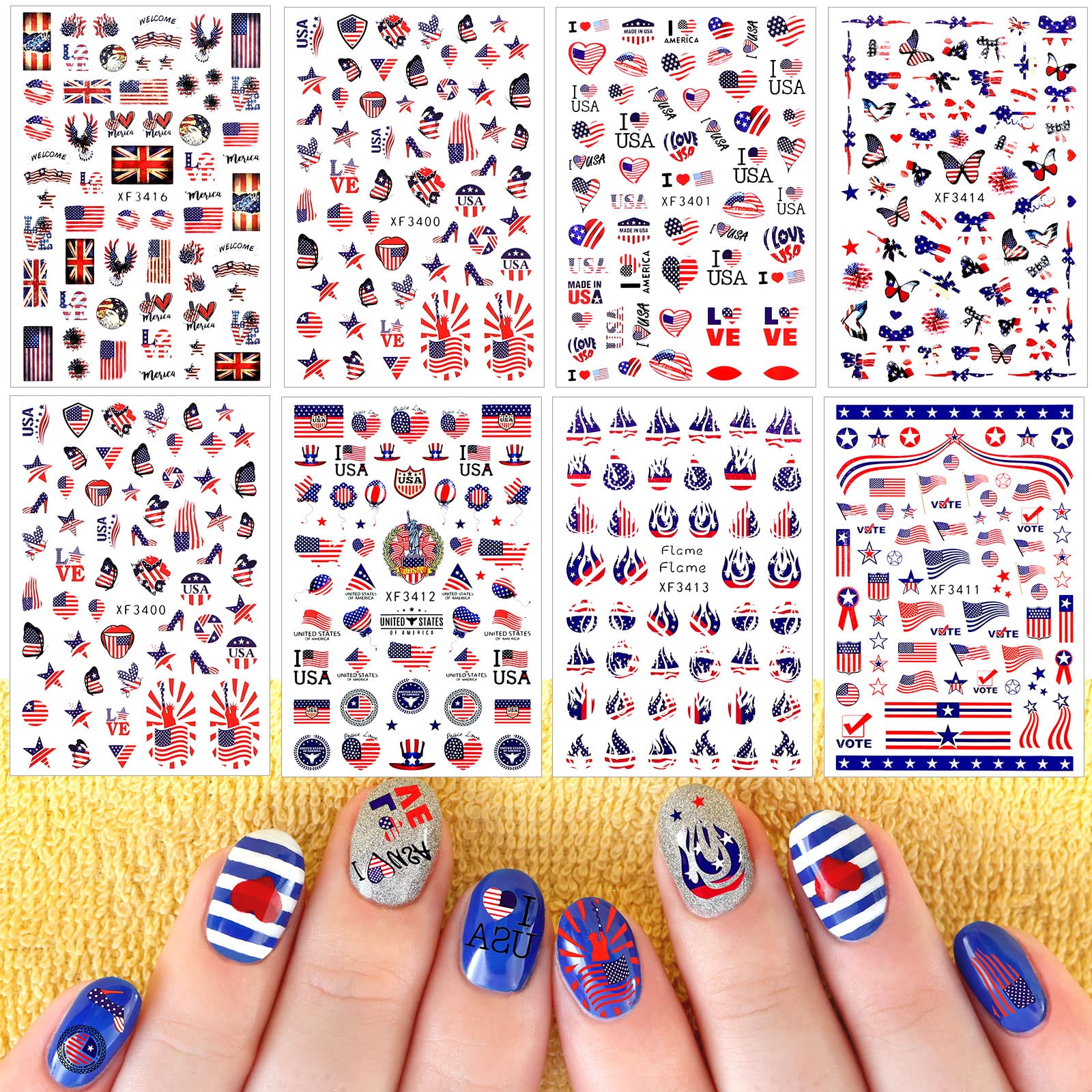 Maitys mixed patriotic designs on nails showing finished Independence Day look
