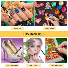 Maitys pen in hand placing rhinestone on nail for faster manicure benefit