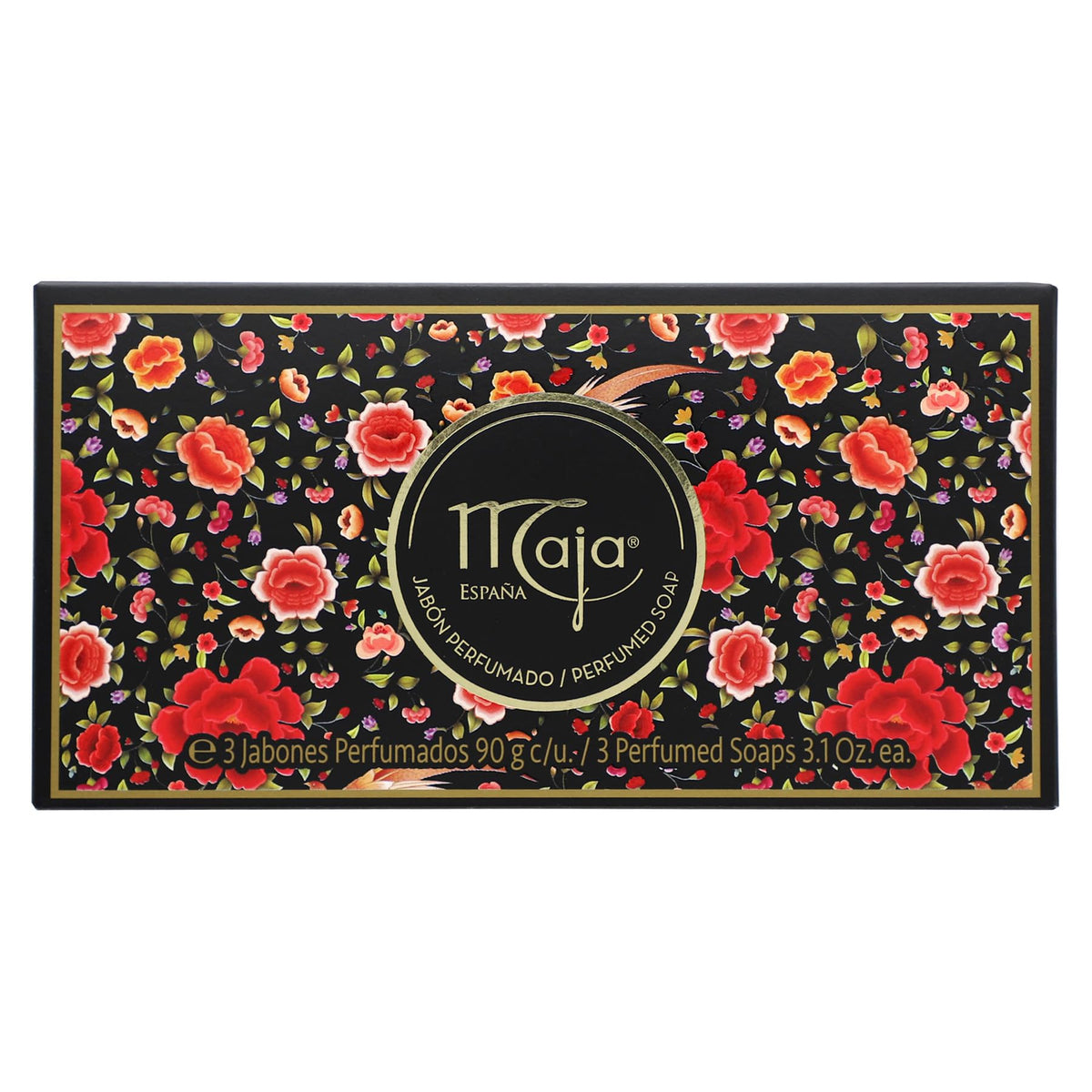 Maja front box showing three perfumed soap bars and elegant packaging for gifting