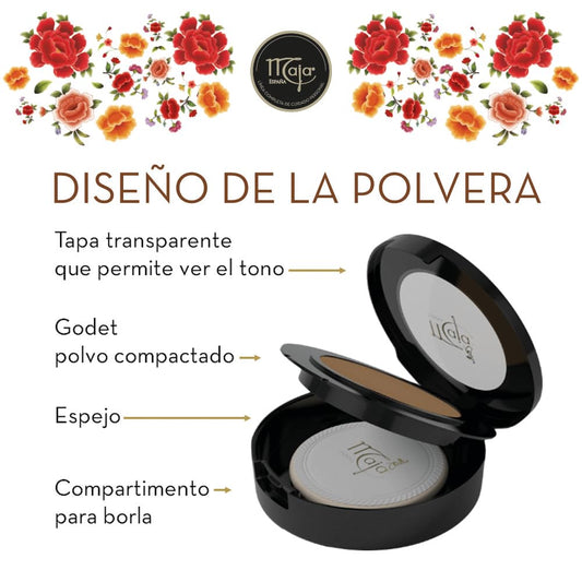 Maja pressed powder texture close-up showing smooth cream-to-powder finish