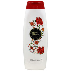 Maja pump and label close-up highlighting almond oil and vitamin E ingredients effectively