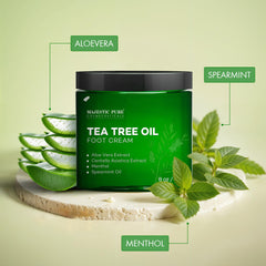 Majestic Pure ingredients laid out with tea tree and spearmint for natural formulation benefit