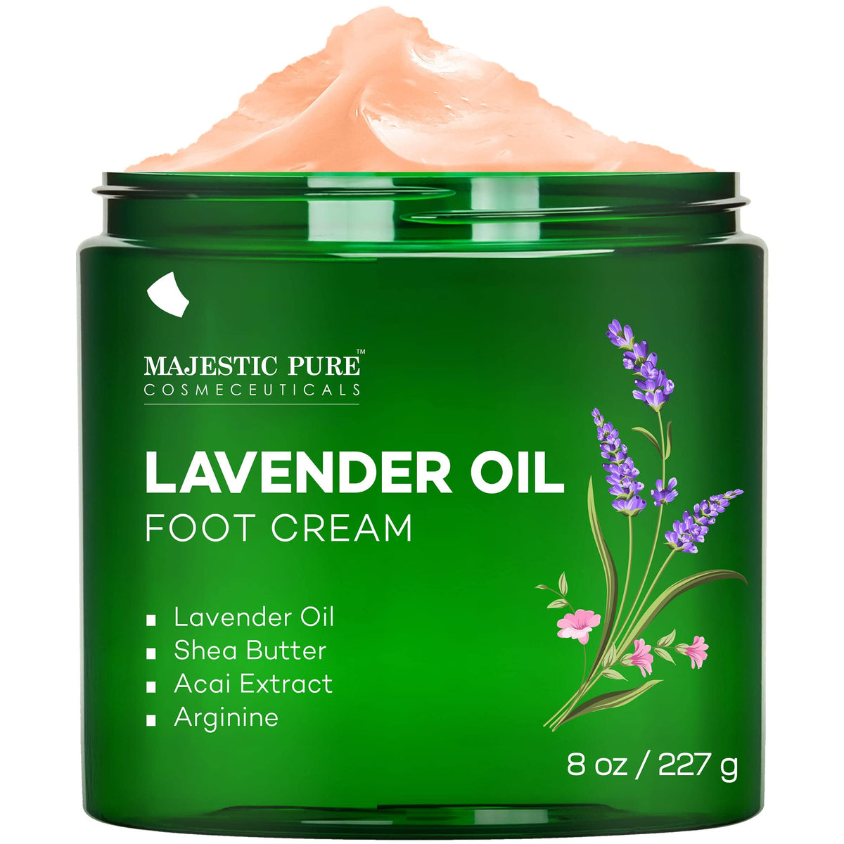 Majestic Pure front label showing lavender foot cream benefits