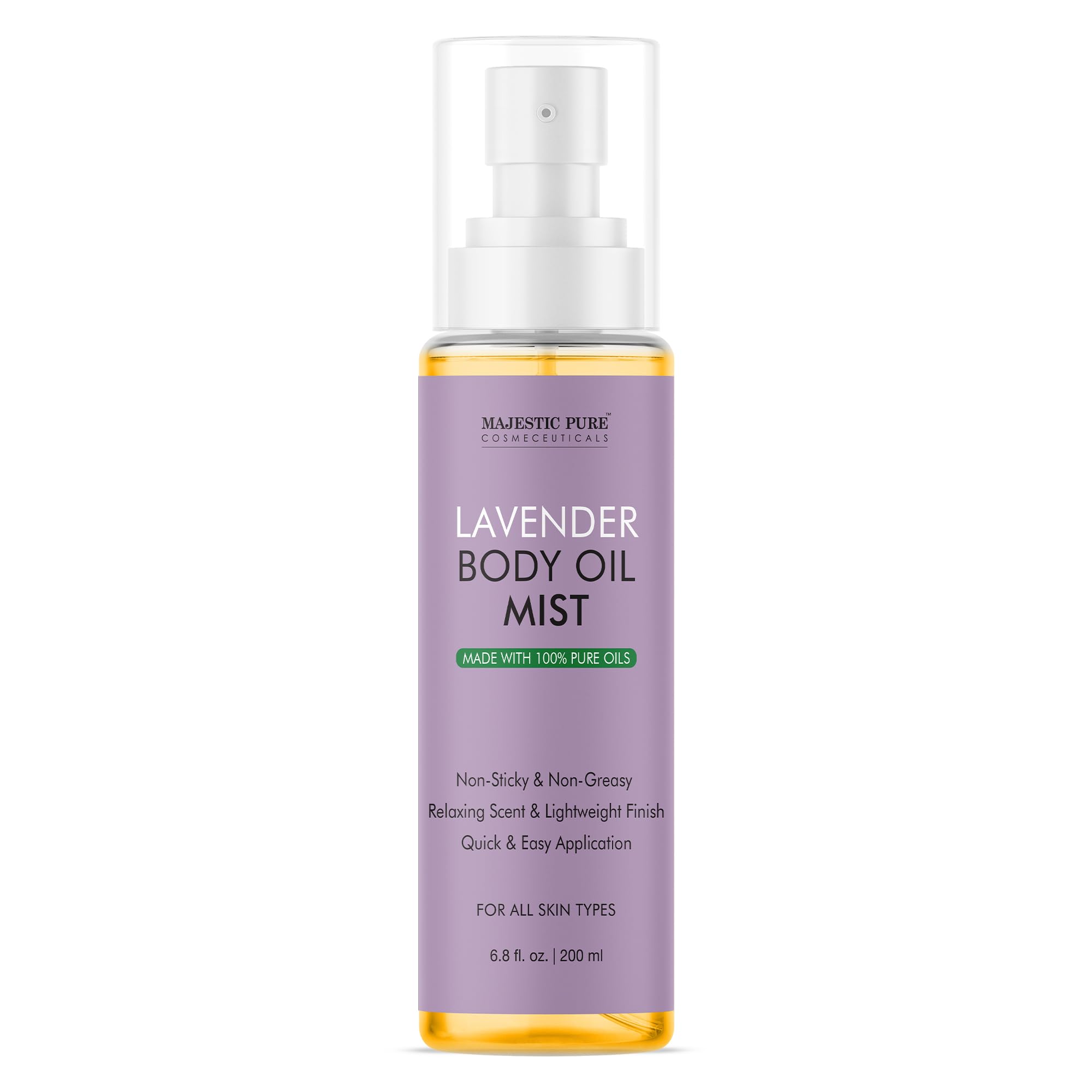 Majestic Pure front bottle view showing lavender oil mist and clear packaging benefit: instant recognition