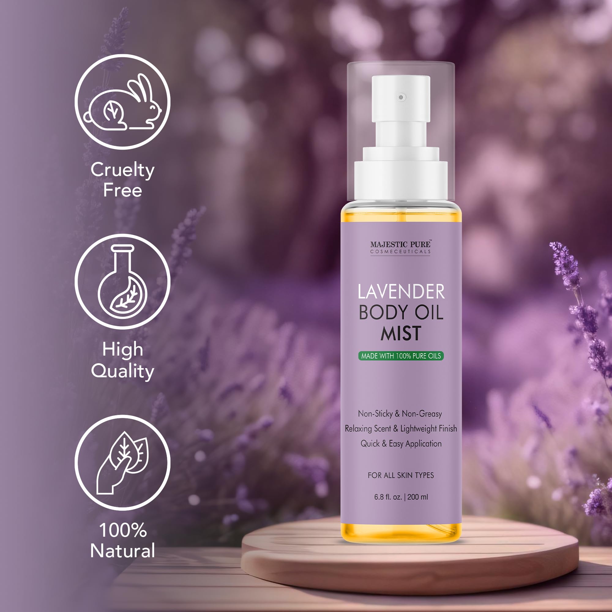 Majestic Pure bottle next to ruler illustrating 6.8 fl oz size and travel-friendly volume benefit