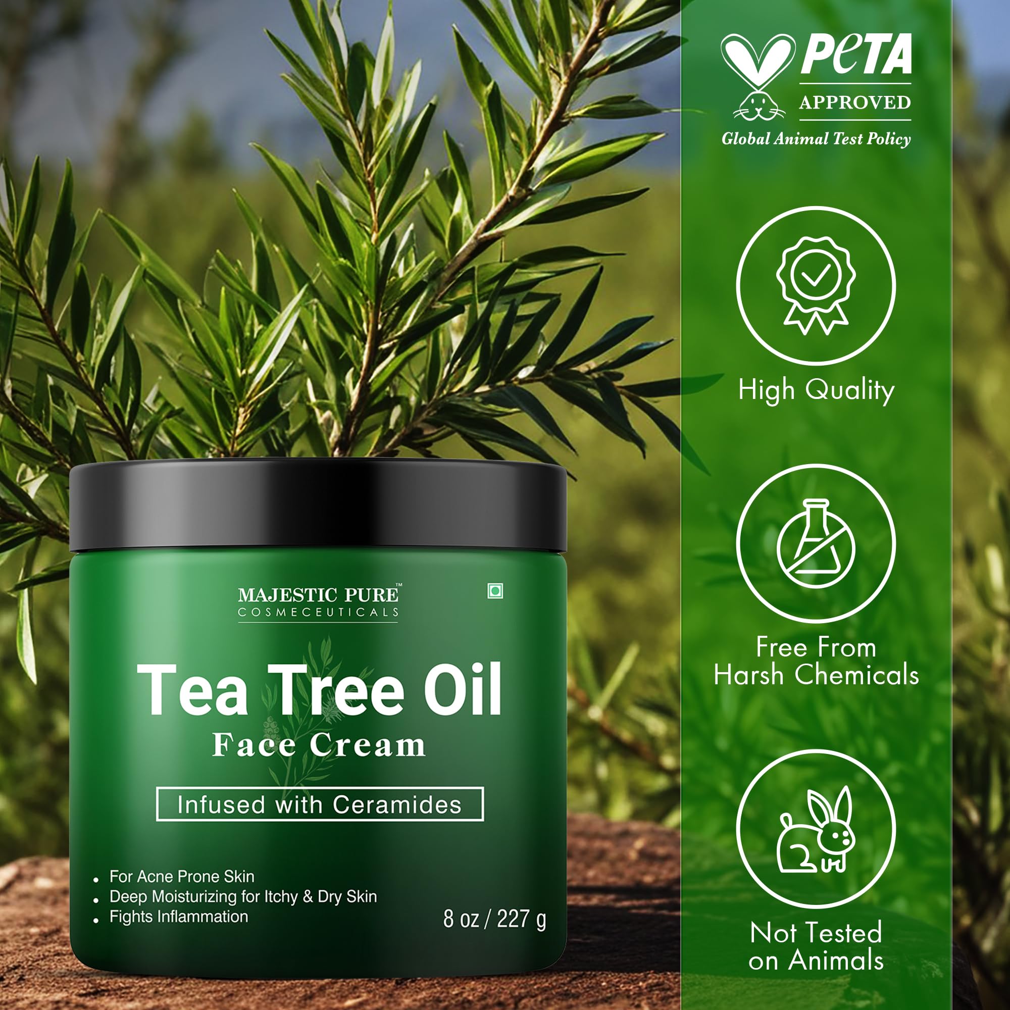 Majestic Pure label detail highlighting cruelty-free and vitamin ingredient claims