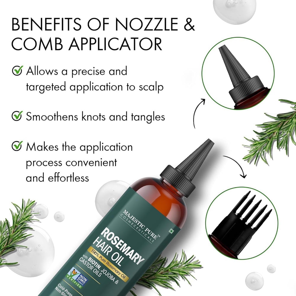 Majestic Pure ingredients label highlighting rosemary, biotin, jojoba, and castor oils