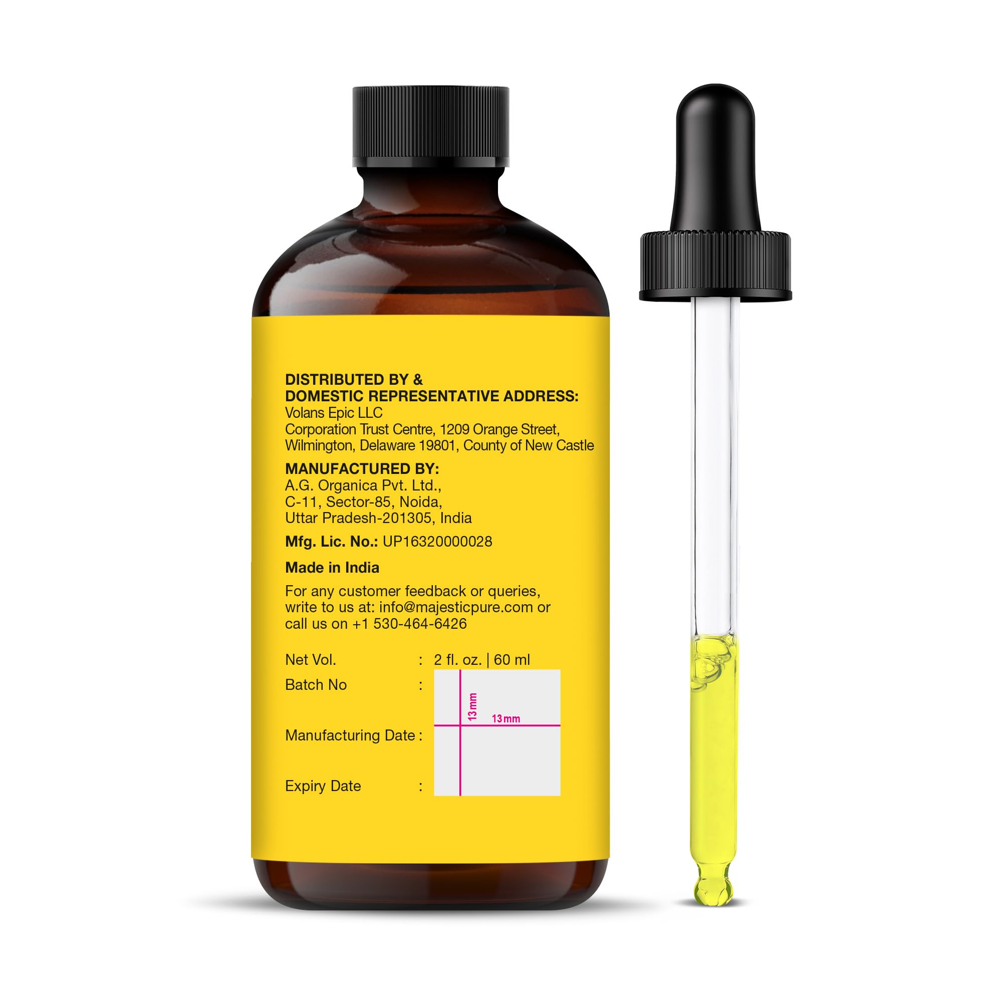 majestic pure bottle next to ruler showing 2 oz scale for size and portability