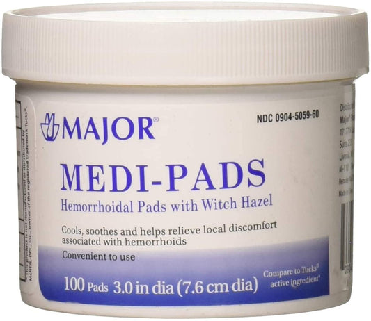 MAJOR Medi-Pads tub front view showing label and pack convenience for quick use