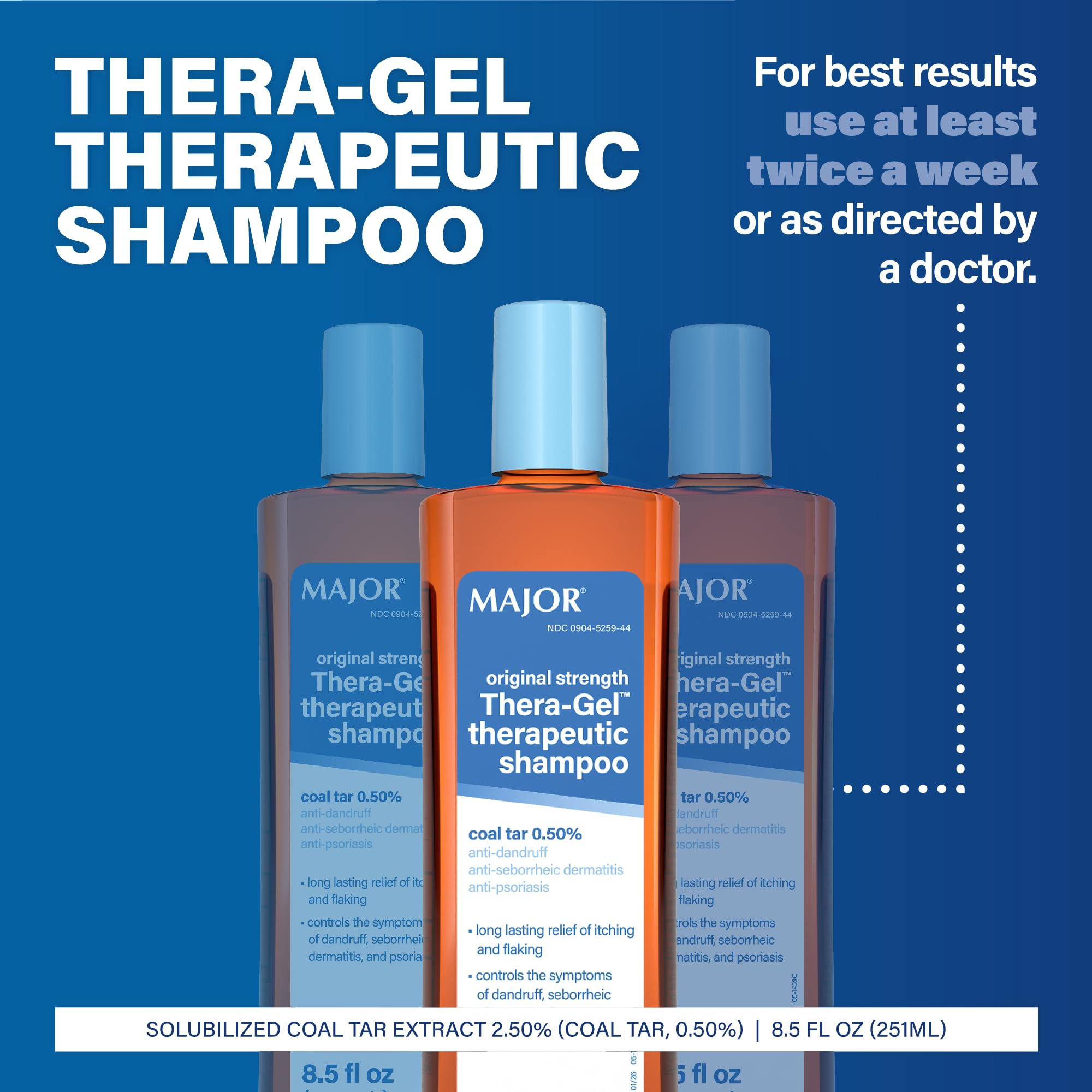 Major Thera-Gel shampoo texture pouring from bottle to show consistency and controlled application