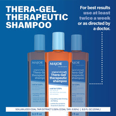 Major Thera-Gel shampoo texture pouring from bottle to show consistency and controlled application