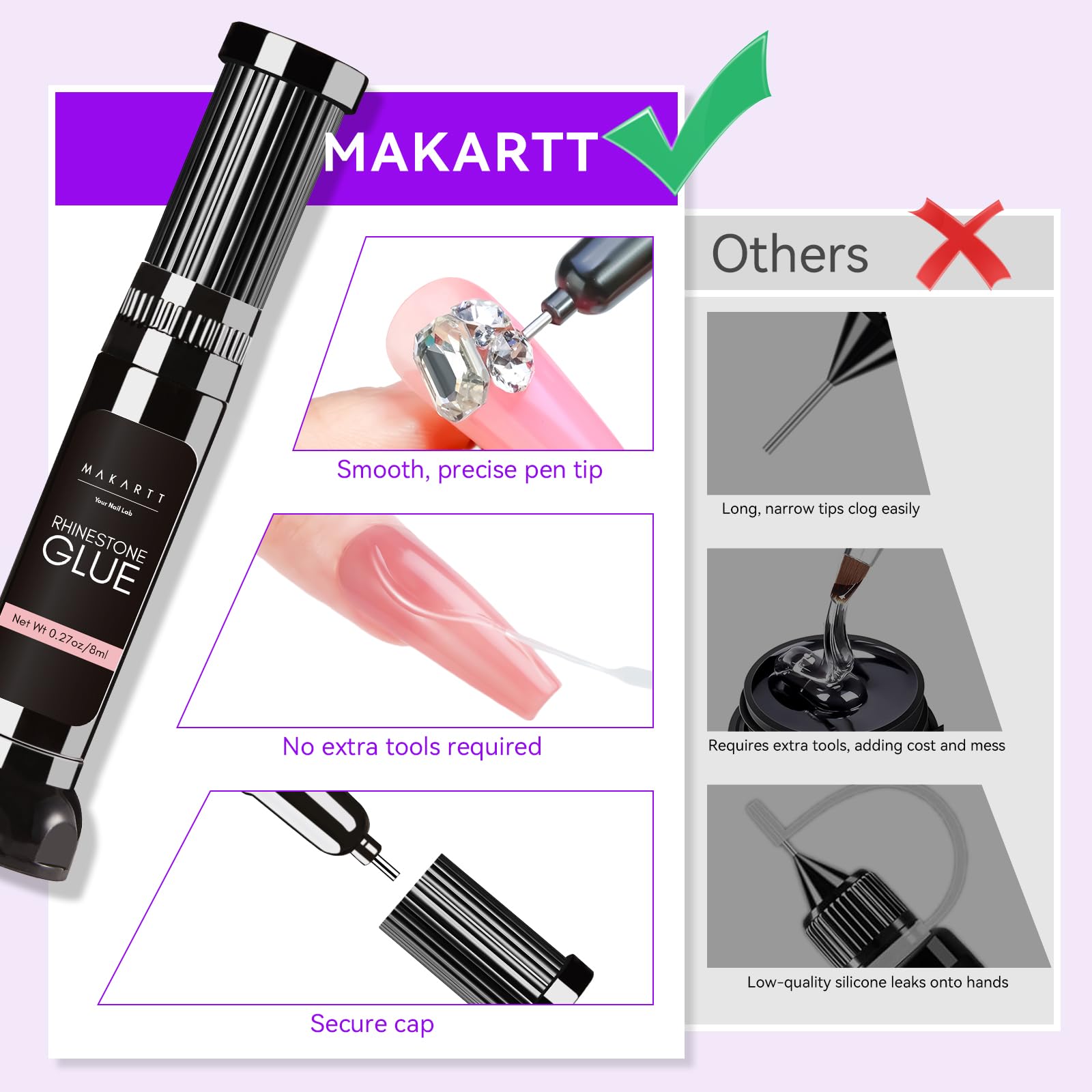 Makartt decorated nails before and after using glue for durability