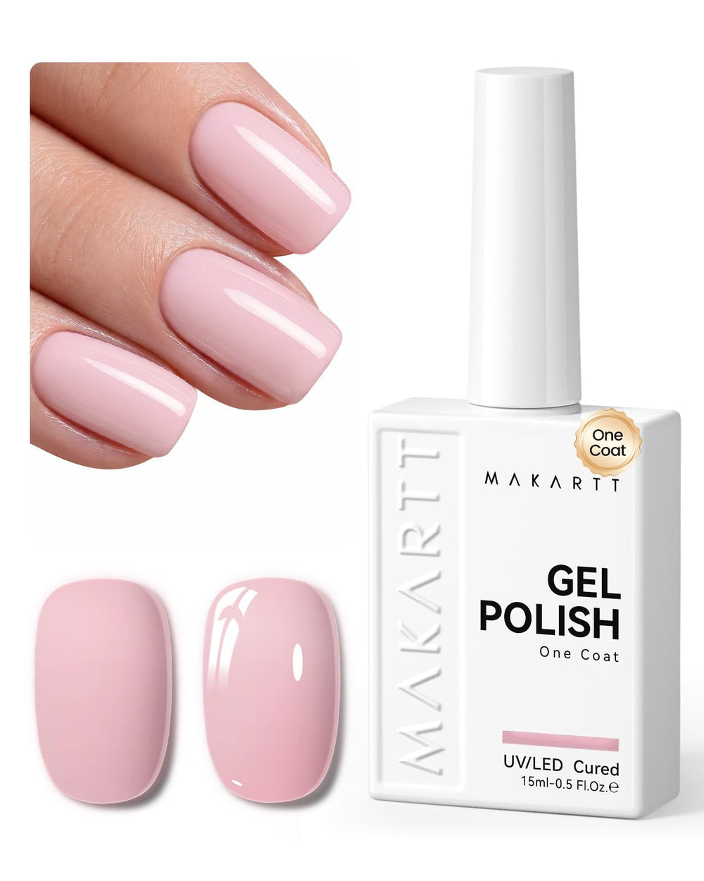 Makartt bottle front view showing blush pink polish with clear benefit
