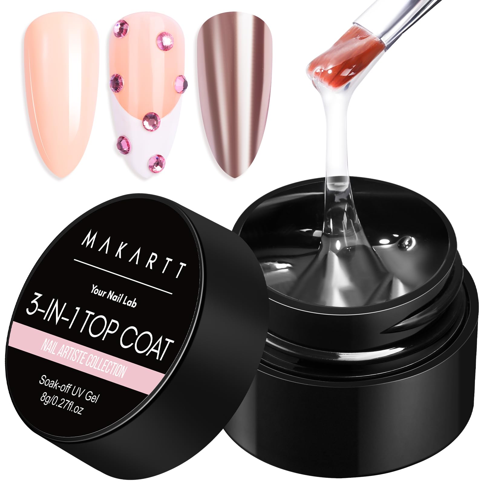 Makartt bottle front showing clear hard gel and durable protection