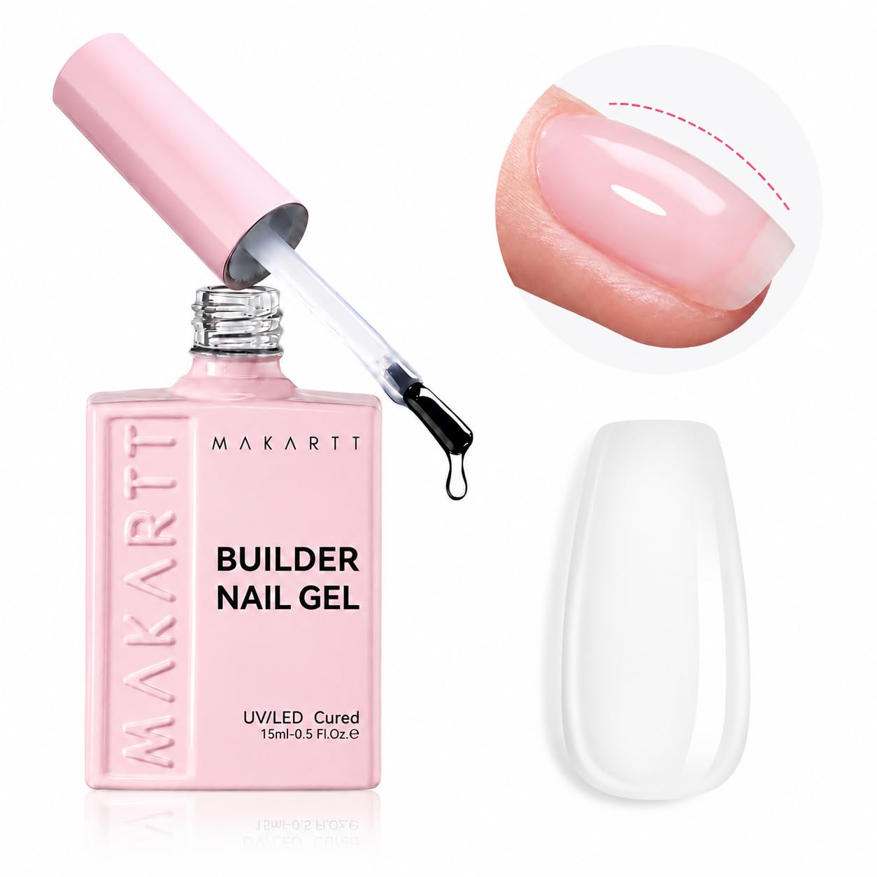 Makartt bottle front view showing clear 15ml builder and compact design benefit